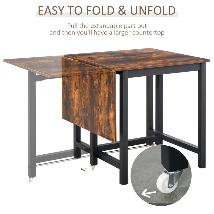 Folding Dining Table, Industrial Drop Leaf Table with Wheels and Metal Frame for Kitchen, Dining Room, Space Saving, Rustic Brown
