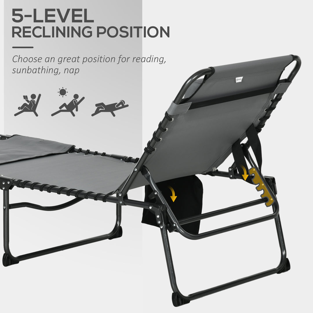 Folding Sun Lounge with 5-level Reclining Back, Outdoor Tanning Chair with Reading Hole, Outdoor Sun Lounge with Side Pocket, Headrest, for Beach, Yard, Patio, Grey