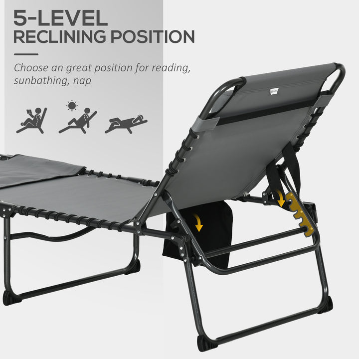 Folding Sun Lounge with 5-level Reclining Back, Outdoor Tanning Chair with Reading Hole, Outdoor Sun Lounge with Side Pocket, Headrest, for Beach, Yard, Patio, Grey