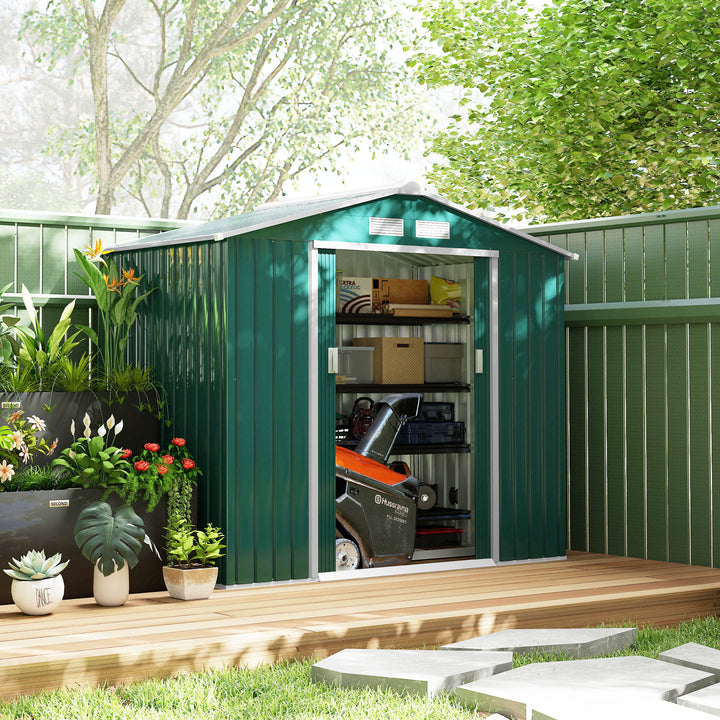 MCL 7 x 4ft Metal Garden Shed, Outdoor Storage Tool House with Ventilation Slots, Foundation Kit and Lockable Double Doors, Green