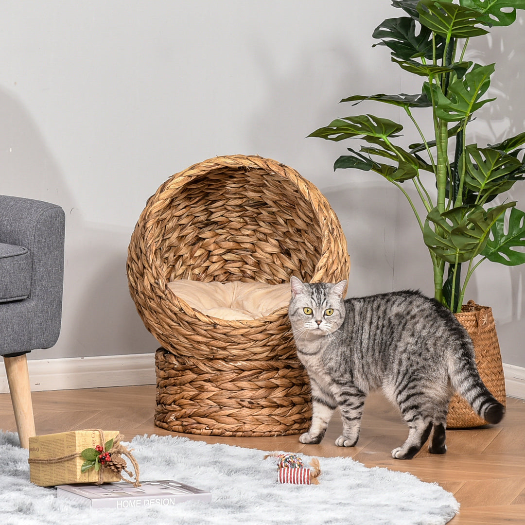 Wicker Cat Bed, Raised Rattan Cat Basket with Cylindrical Base, Soft Washable Cushion, 50 x 42 x 60 cm - Brown