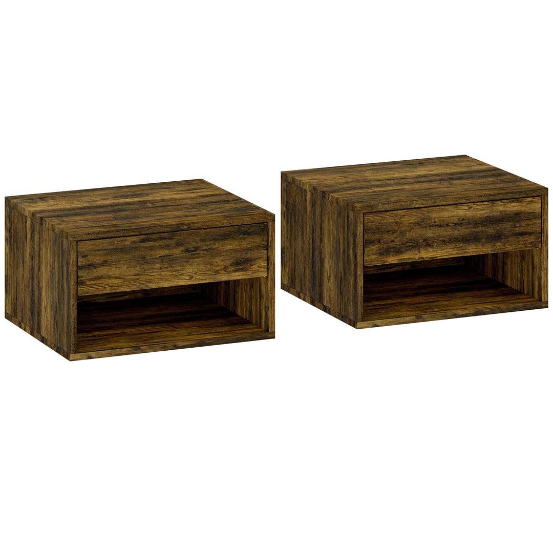 Set of Two Floating Bedside Tables - Rustic Brown