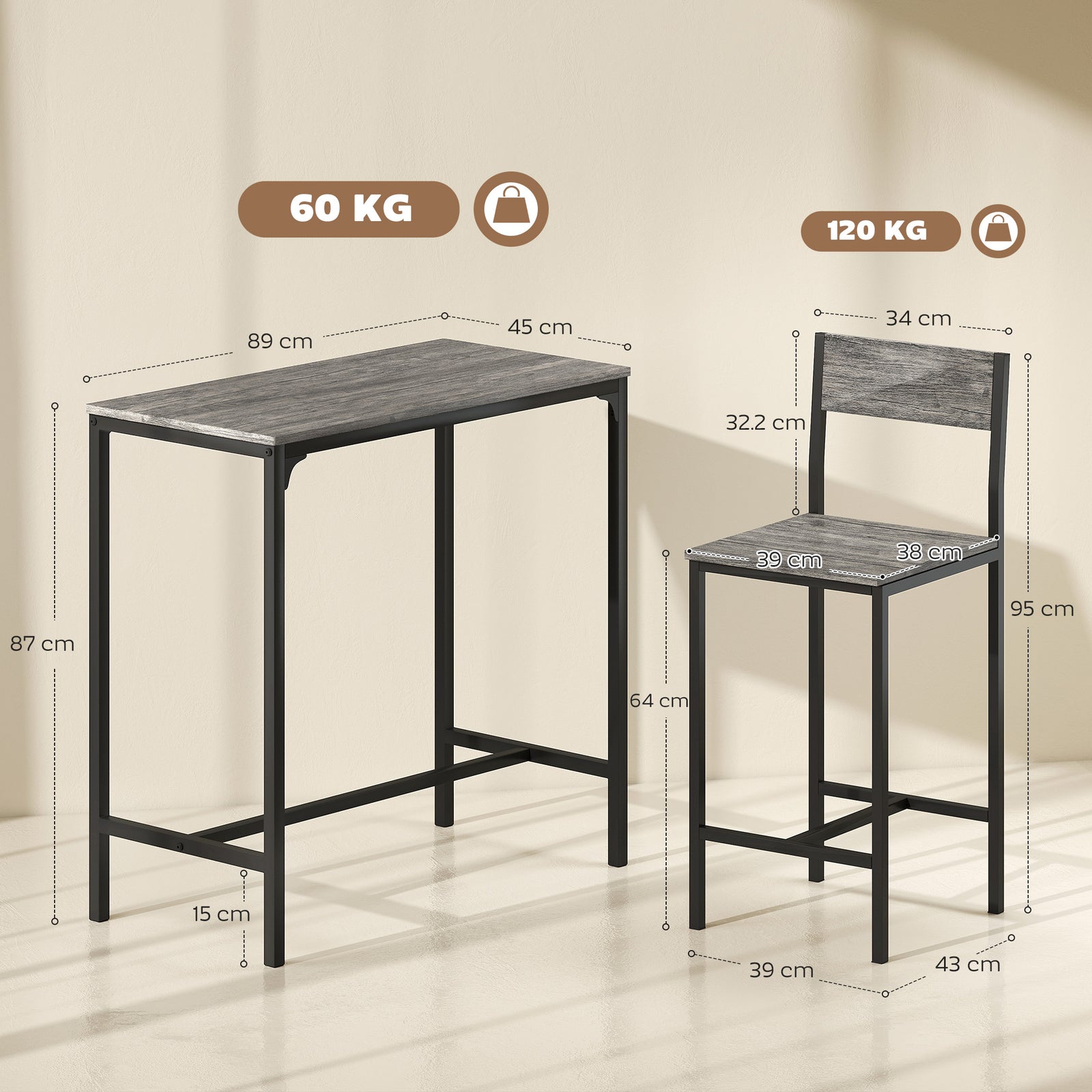 3-Piece Bar Table Set with 2 Stools, Industrial Breakfast Bar Set with