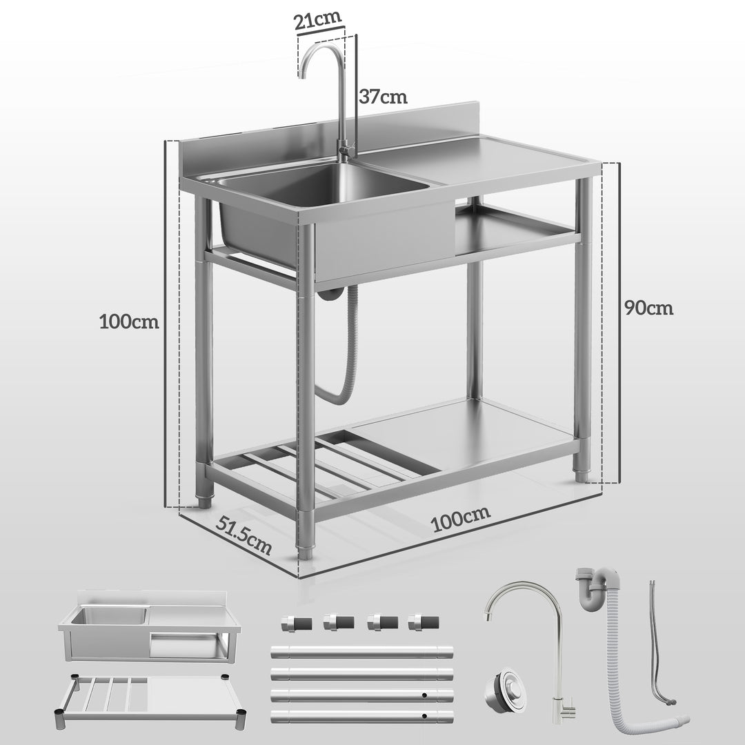Outdoor Stainless Steel Kitchen Sink, Freestanding Sink Single Bowl wi