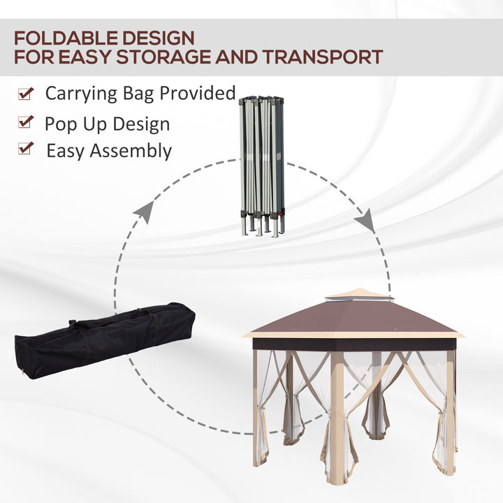 Outsunny Hexagon Pop Up Gazebo Outdoor Patio Gazebo Double Roof Instant Shelter with Netting, 3 x 4m, Khaki