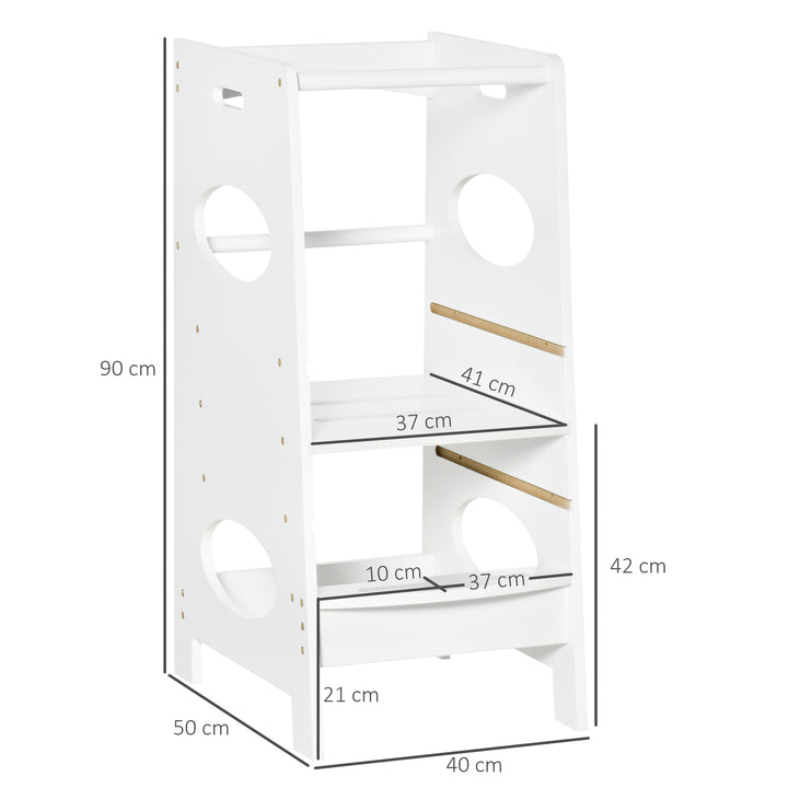 Toddler Step Stool Kids Adjustable Standing Tower with Safety Rail for Kitchen Counter White