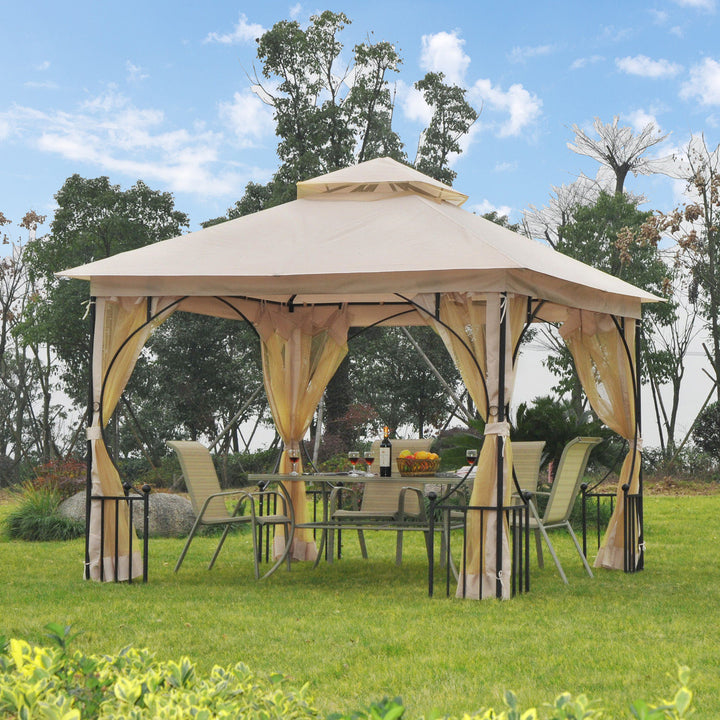 Outsunny Waterproof 3 x 3 M Garden Gazebo Patio Party Tent Shelter Outdoor Canopy Double Tier Sun Shade Metal Frame Beige | Aosom UK