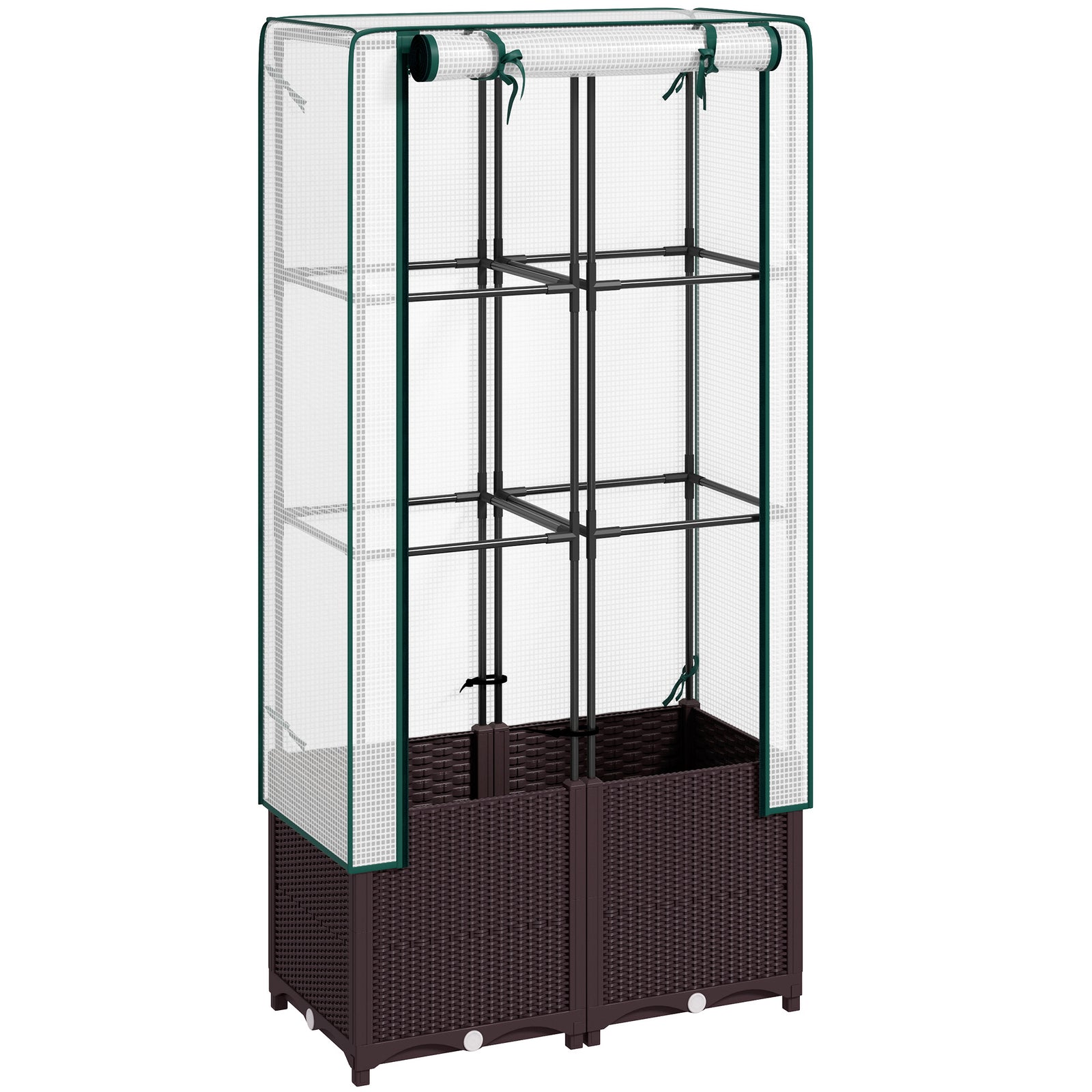 Raised Garden Bed with Trellis, Plastic Planter Box with PE Cover, Drainage Holes, Drain Plugs and Water Reservoirs for Climbing Plants, Vegetables, Flowers, 80 x 40 x 140 cm