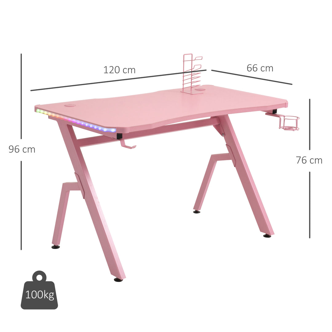RGB 120 x 66cm Gaming Desk, Computer Table with Carbon Fibre Surface, Headphone Hook, Cup Holder, Controller Rack, Home Office Desk, Pink