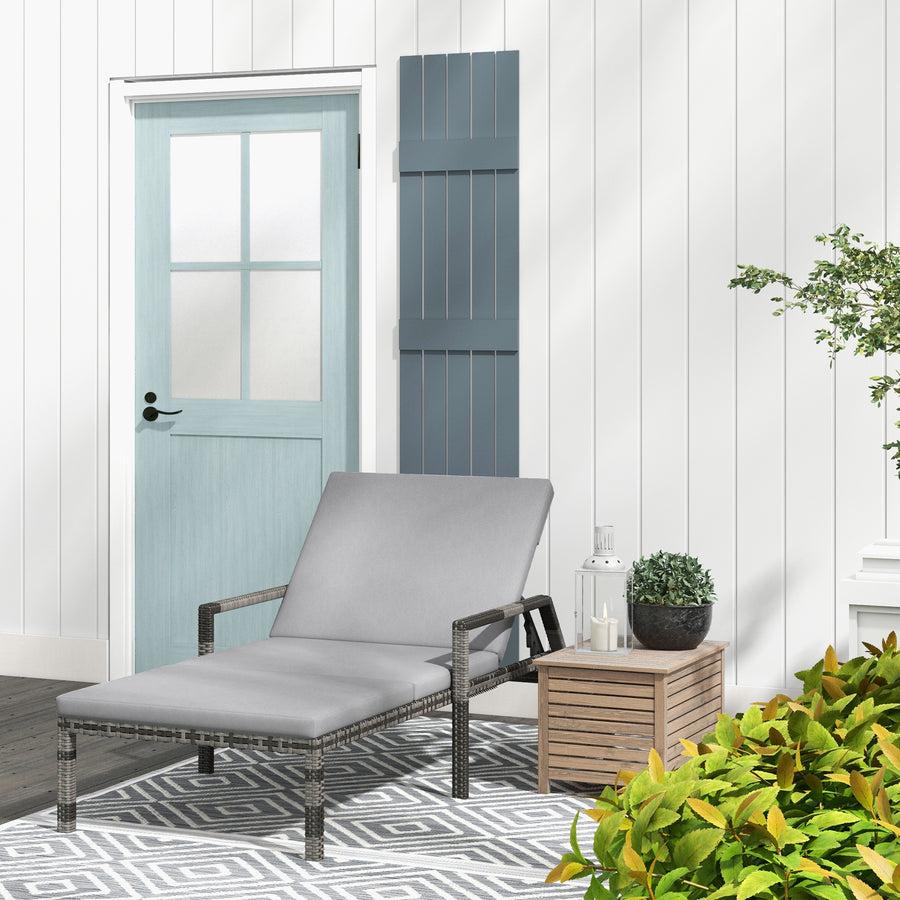 Outdoor Sun Lounger, Rattan Wicker Chaise Recliner with 5-Level Adjustable Backrest and 2 Wheels