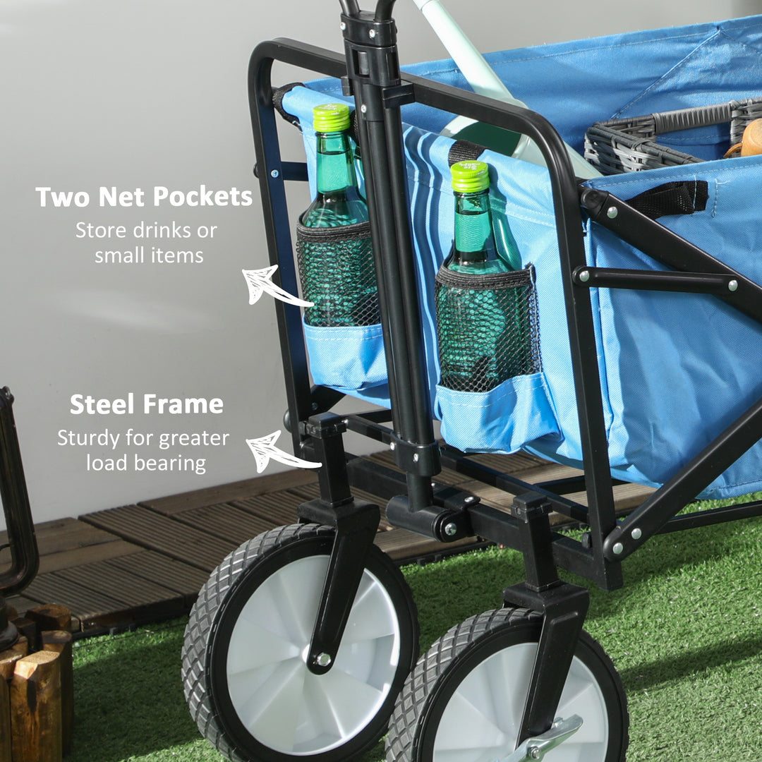 Outsunny Folding Garden Trolley Cart, Cargo Wagon Trailer for Beach & Outdoor Use, with Telescopic Handle, Blue | Aosom UK