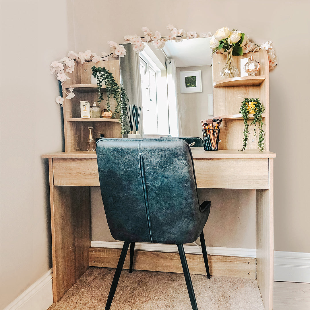 Modern Dressing Table Writing Desk W/ Mirror, Big Drawers, 2-Tier Open Shelf For Home Bedroom Natural