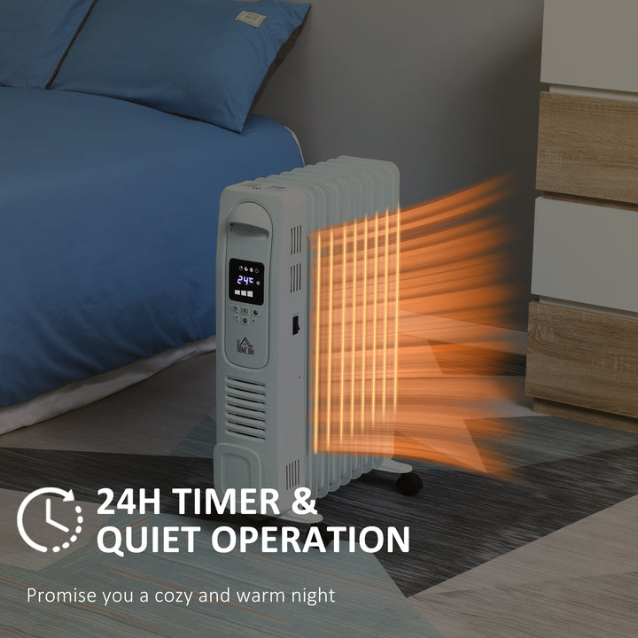 2000W Digital Oil Filled Radiator, 9 Fin, Portable Electric Heater with LED Display, Timer, 3 Heat Settings, Safety Cut-Off and Remote Control, White
