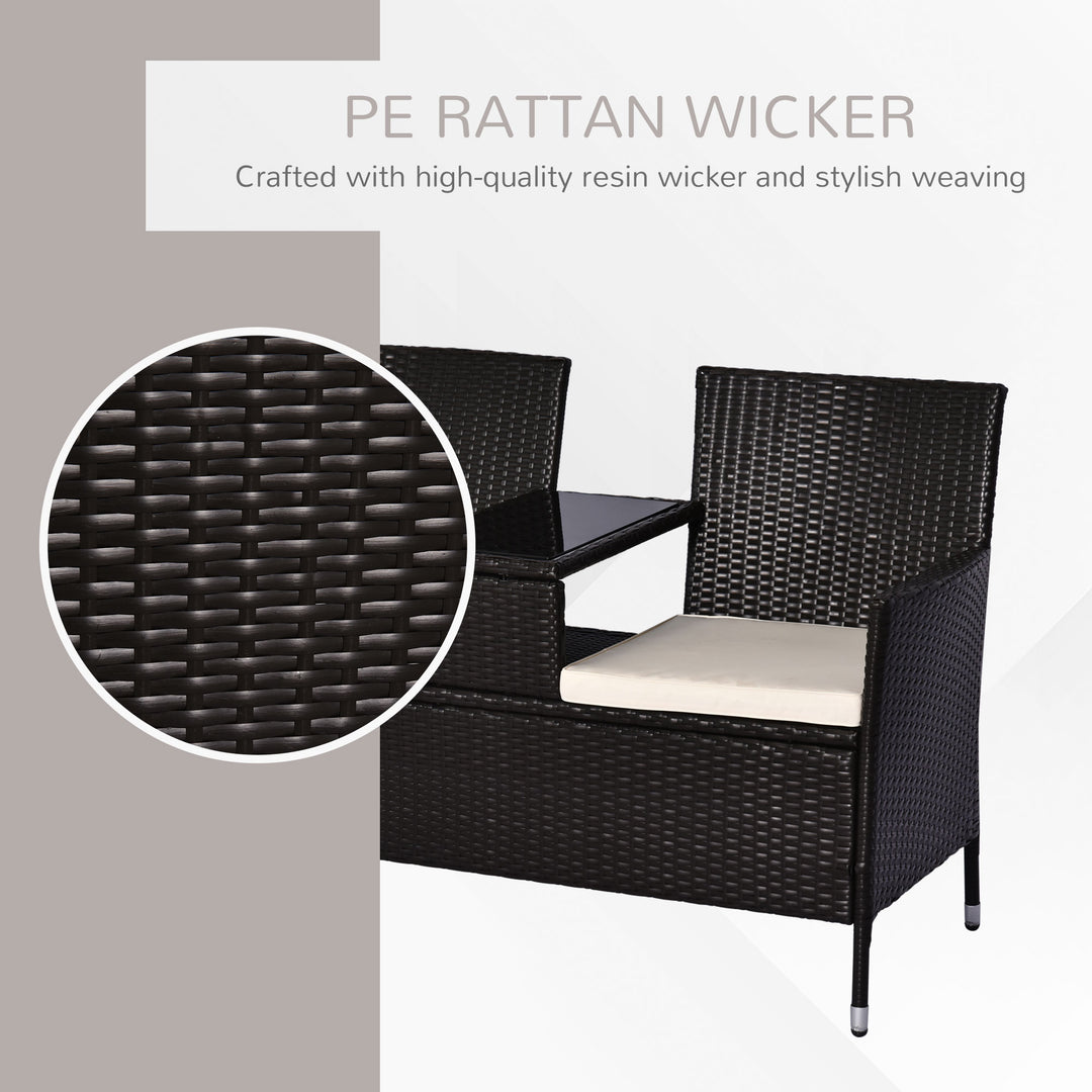 2 Seater Rattan Campanion Chair Wicker Loveseat Outdoor Patio Armchair with Drink Table Garden Furniture - Dark Brown