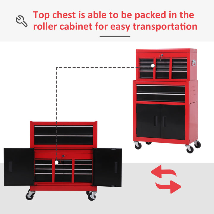 Tool Chest, Metal Tool Cabinet on Wheels with 6 Drawers, Pegboard, Top Chest and Roller Cabinet Combo, 61.6 x 33 x 108cm, Red and Black