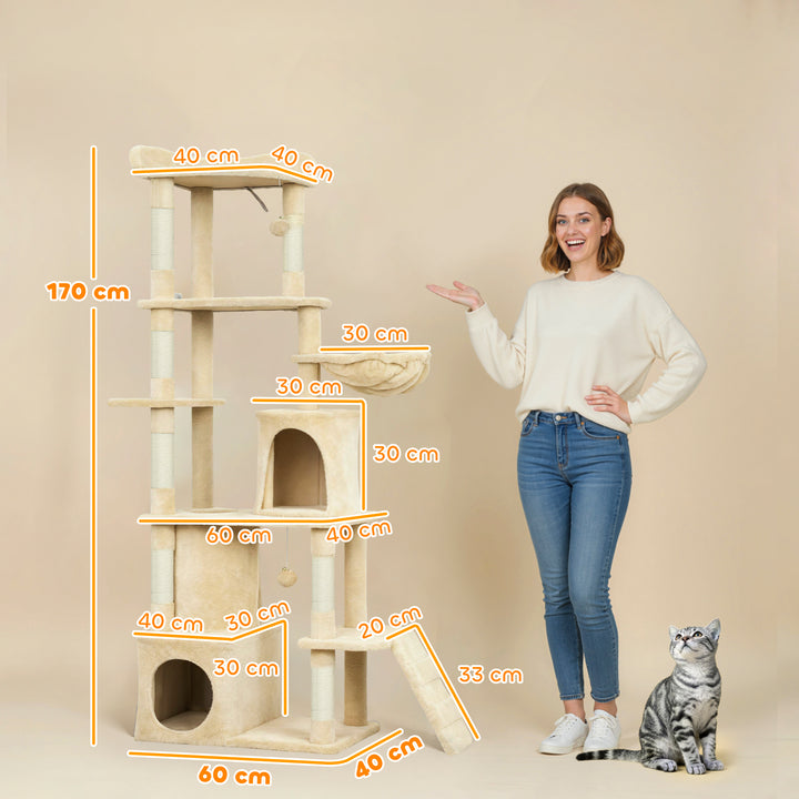 170 cm Large Cat Tree, Cat Tower with 7 Scratching Posts, Tunnel, 2 Co