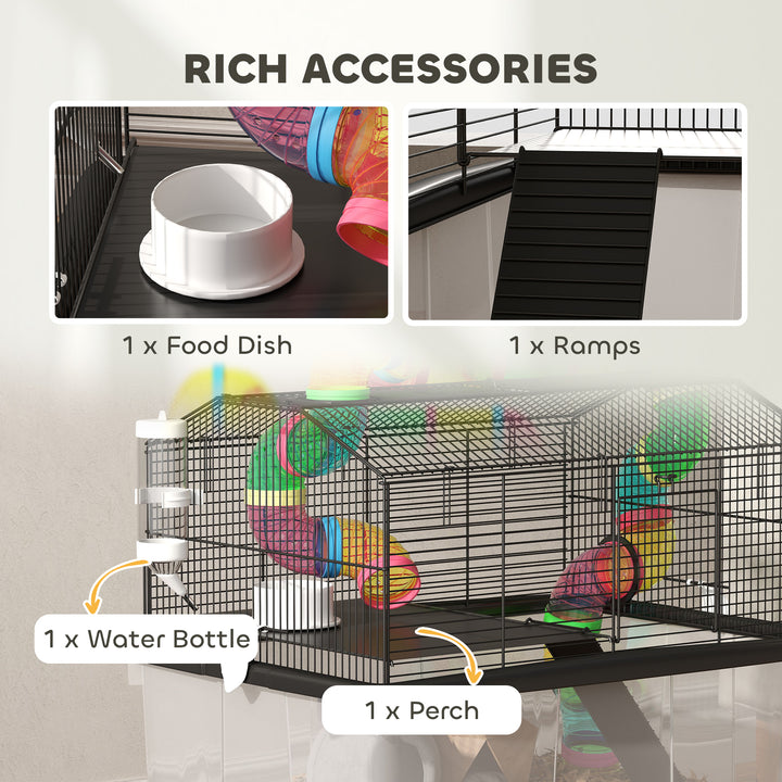 Two-Tier Hamster Cage with 31cm Deep Tray, Tube System, Water Bottle, Ramp, Feeding Bowl, Multicoloured