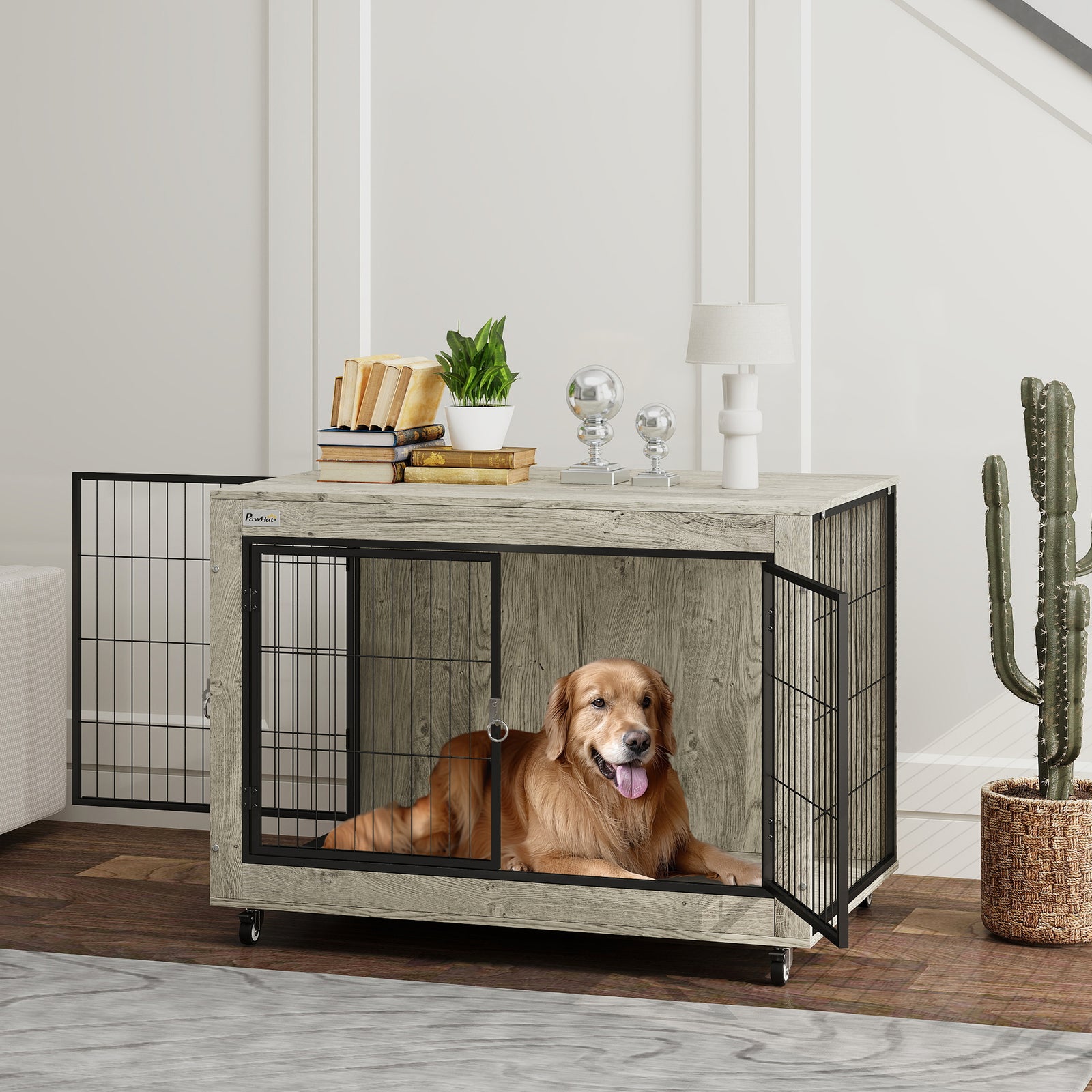 Dog Crate Furniture with Wheels, Double Doors, for Large Dogs, Grey