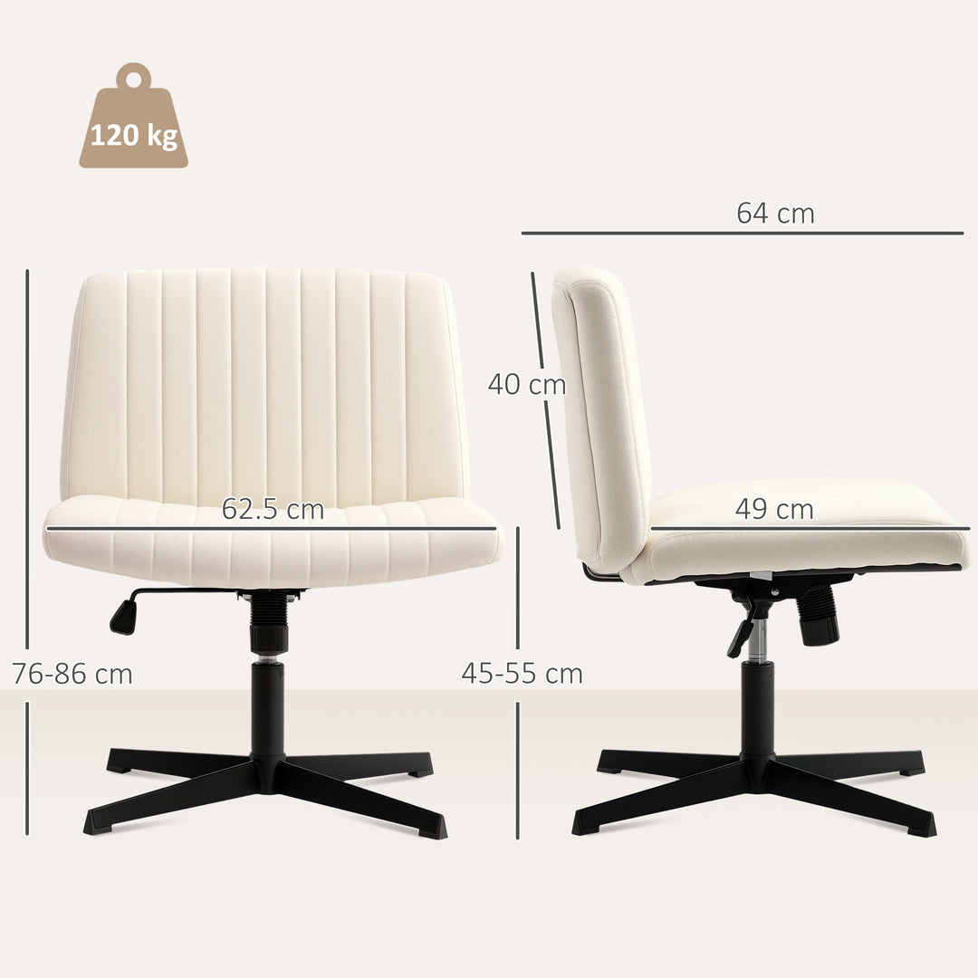 Armless Office Chair No Wheels, Linen Fabric Criss Cross Legged Desk Chair with Wide Seat, Thick Padding, Tilt Function, Height Adjustable Swivel Computer Seat for Home, Cream