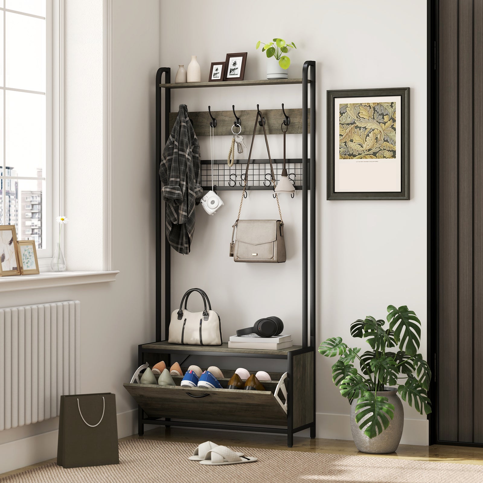 5-In-1 Industrial-Style Hallway Tree - Grey/Black