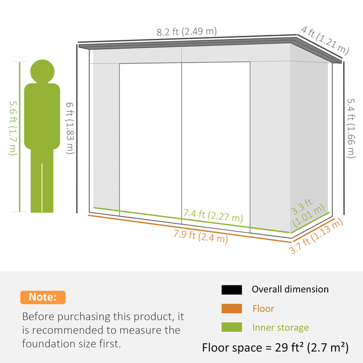 3.7 x 7.9ft Galvanised Steel Shed, with Latched Door and Padlock - Grey