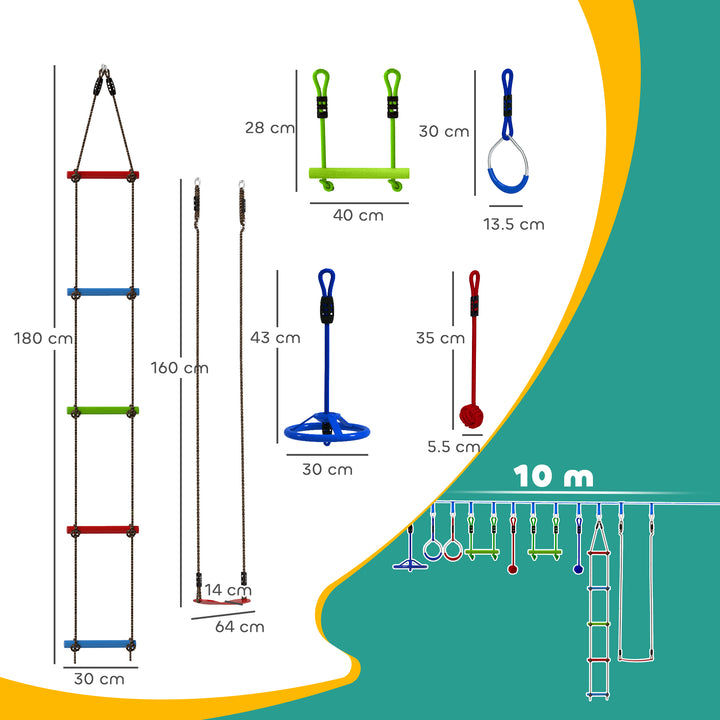 AIYAPLAY 10-Piece Zip Line Kit for Kids with 10m Slackline, Monkey Bars, Swing, Climbing Ladder, Hanging Tray, Metal Rings