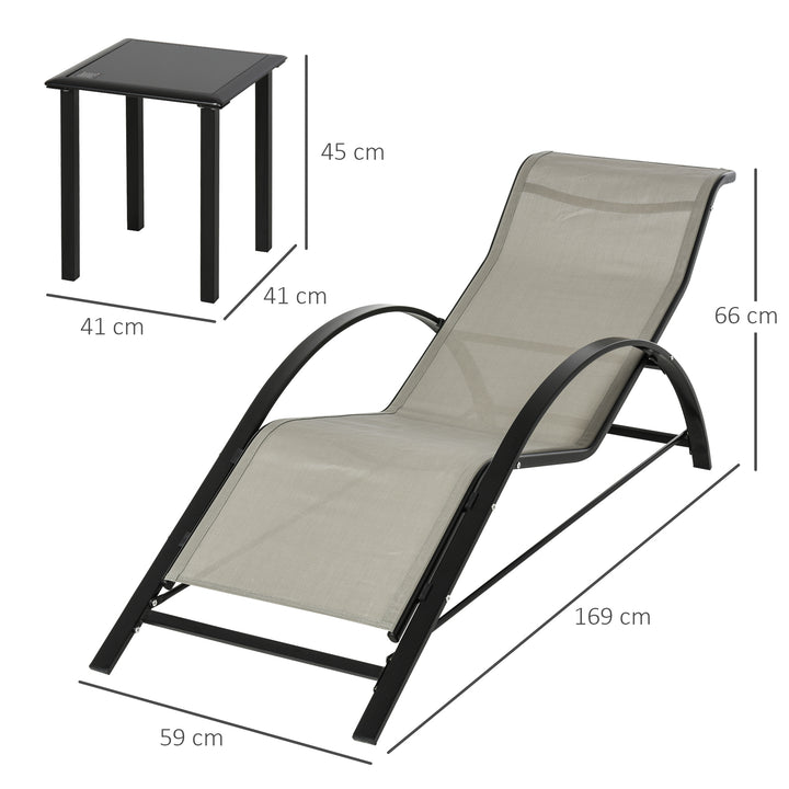 3 Pieces Sun Lounger Chair Set, Metal Frame Garden Outdoor Sunbathing Chair with Side Table and Armrest, Grey
