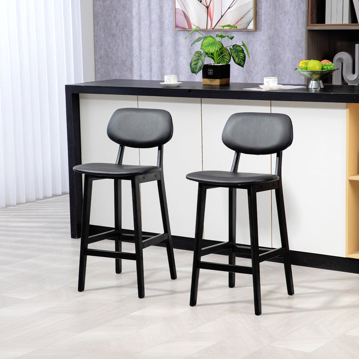 HOMCOM Bar Stools Set of 2, Modern Breakfast Bar Chairs, Faux Leather Upholstered Counter Bar Stool with Backs and Wood Legs, Black | Aosom UK