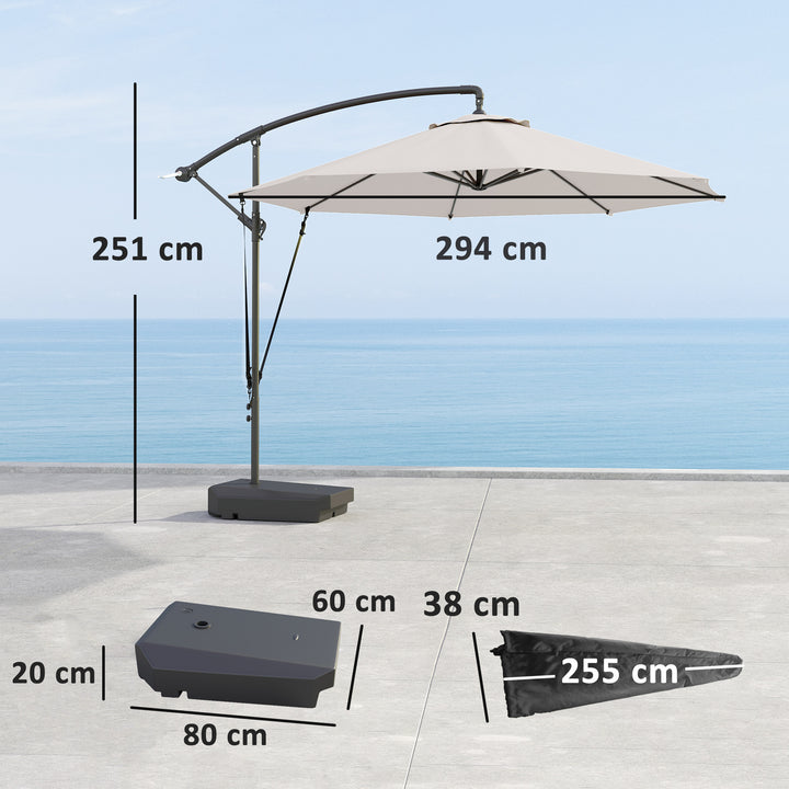 3(m) Garden Cantilever Parasol with Fillable Base up to 90kg, Wind Protection Strap, Cover, Round Banana Hanging Umbrella with Crank Handle and Tilt, UPF50+ Patio Umbrella, Cream