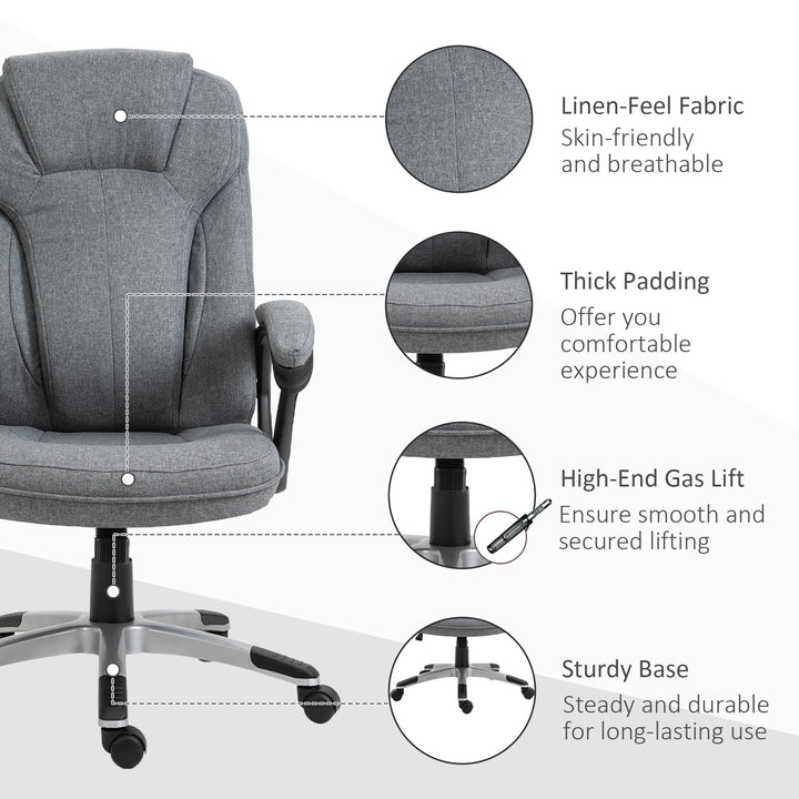Office Chair, Linen Fabric Desk Chair, Height Adjustable Computer Chair with Padded Armrests, Swivel Wheels and Tilt Function, Grey