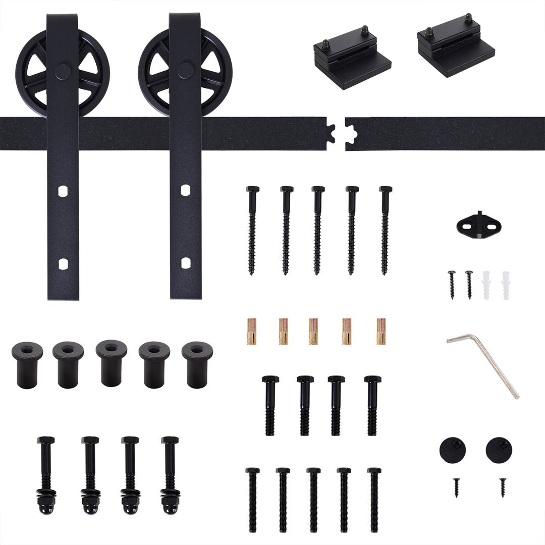 6.6 FT/ 2000mm Carbon Steel Sliding Barn Door Kits Hardware Closet Set Track System for Single Wooden Door Industrial Wheel Style Roller