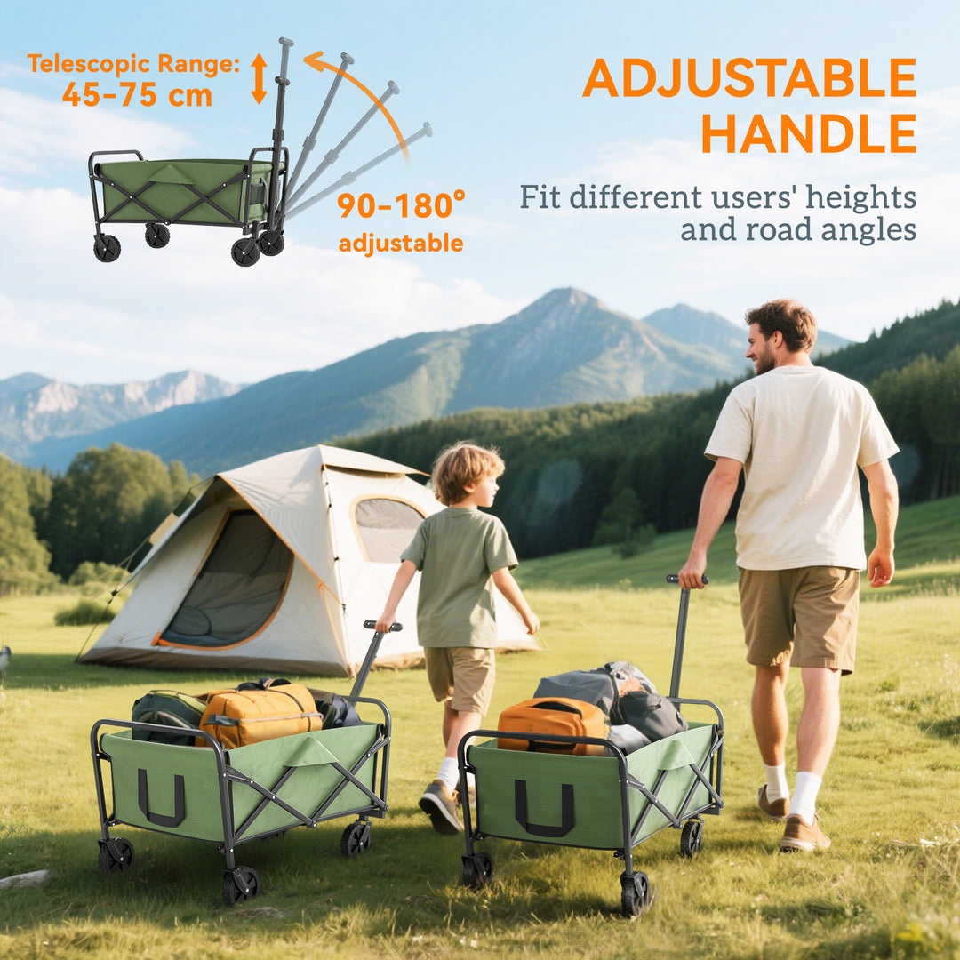 62L Festival Trolley on Wheels, Garden Folding Trolley Cart, 120kg Heavy Duty Collapsible Folding Wagon with Adjustable Handle and Carrying Bag for Beach, Camping, Festival, Green