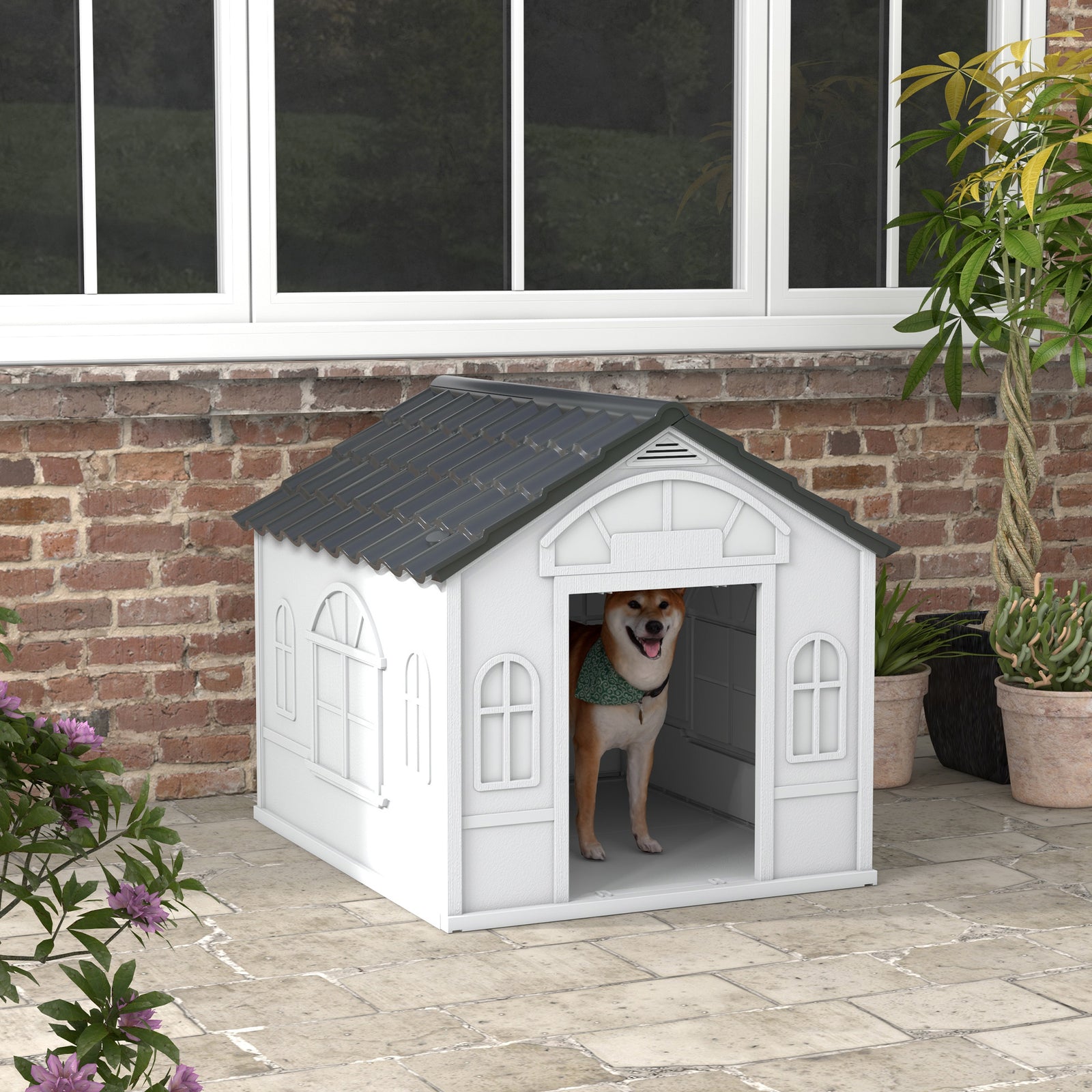 Plastic Weather-Resistant Dog House, for Indoors and Outdoors, Large Dogs - Grey