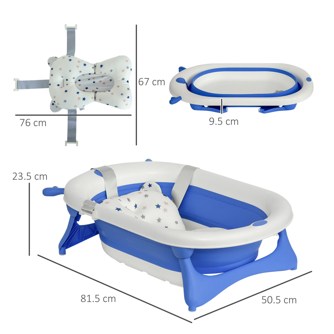 Foldable Baby Bathtub Set, Collapsible Bath Tub with Thermostatic Water Plug, Non-Slip Support, Cushion Pad, Drain Plugs, for Newborn to 3 Years - Blue