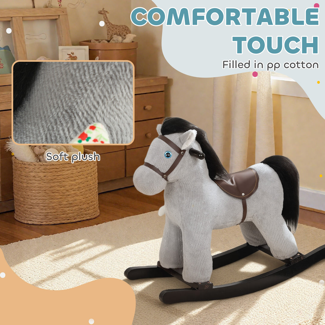 Baby Rocking Horse, Plush Ride on Toy with Handle Grip, Sound and Doll, Toddler Animal Rocker for Kids Aged 2-5