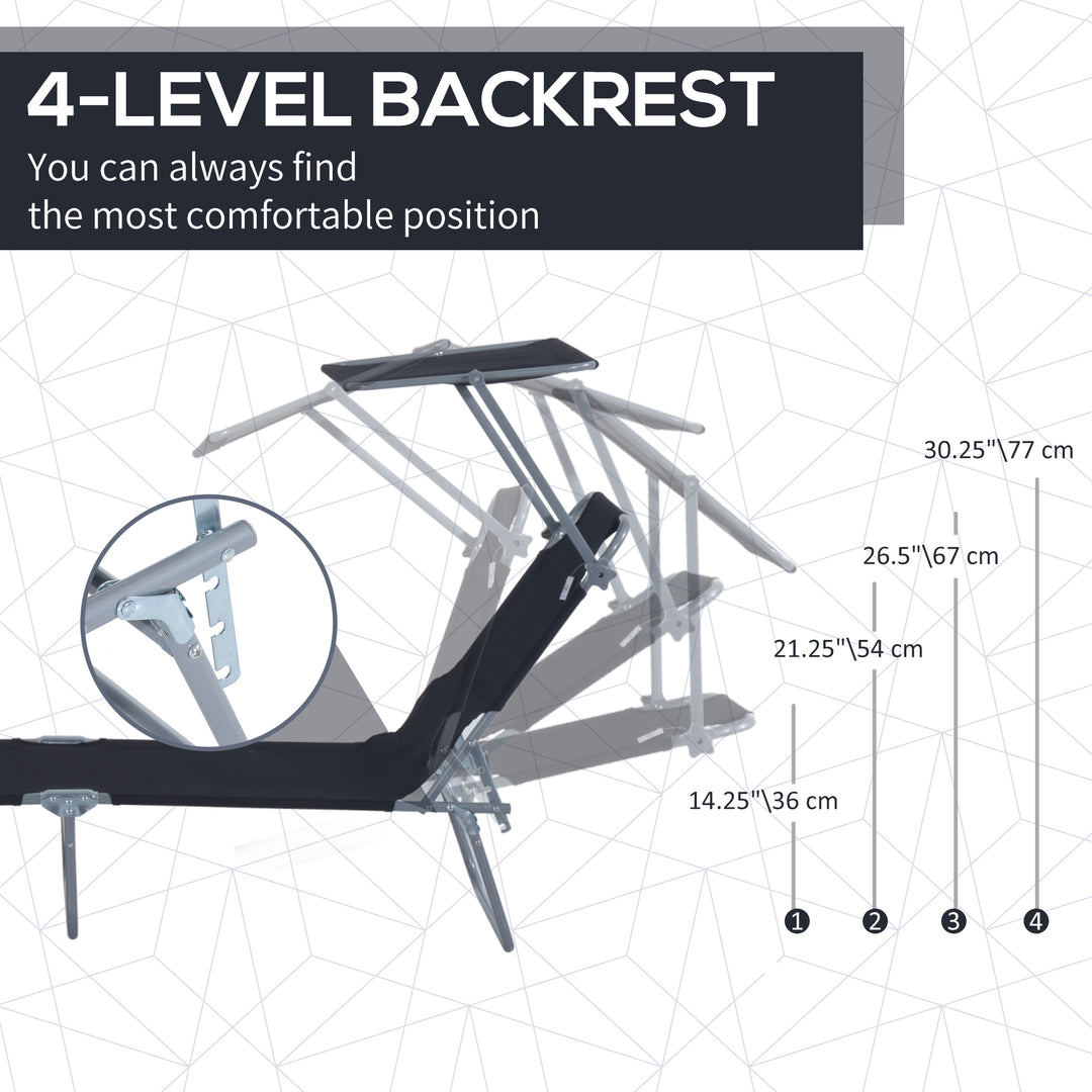 Outdoor Foldable Sun Lounger, 4 Level Adjustable Backrest Reclining Sun Lounger Chair with Angle Adjust Sun Shade Awning for Beach, Garden, Patio, Black