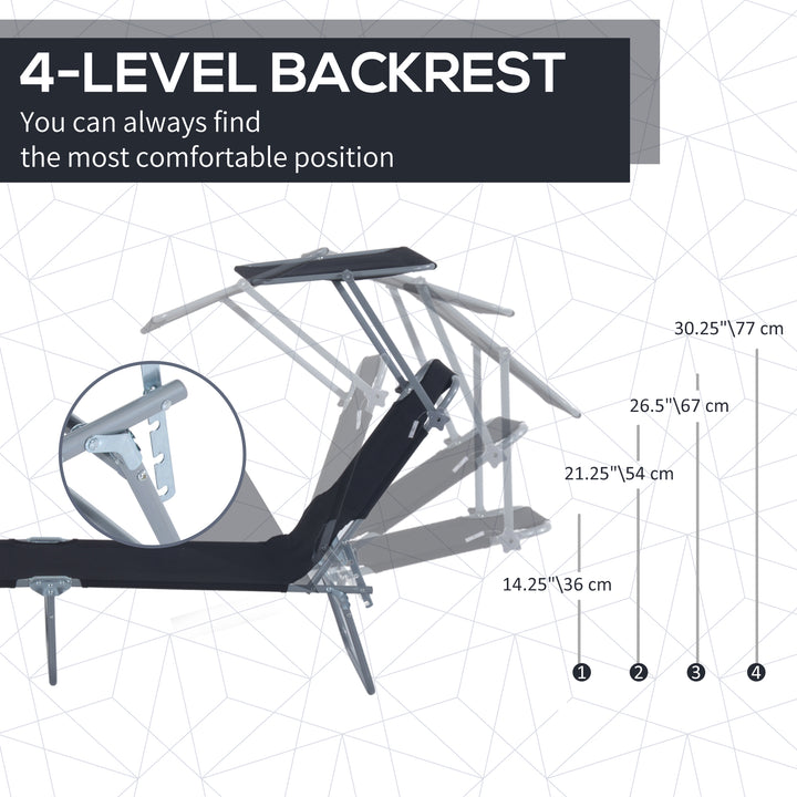 Outdoor Foldable Sun Lounger, 4 Level Adjustable Backrest Reclining Sun Lounger Chair with Angle Adjust Sun Shade Awning for Beach, Garden, Patio, Black