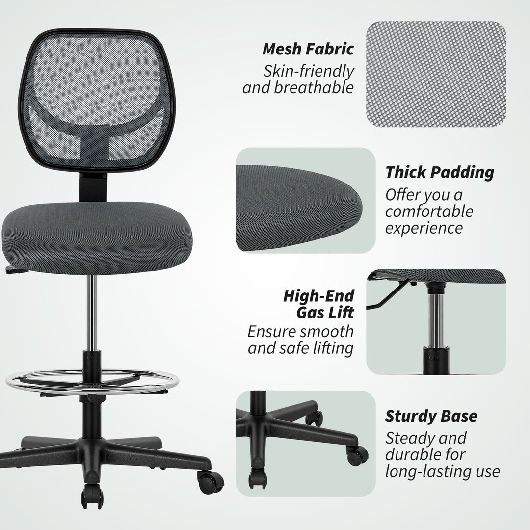 Ergonomic Mesh Standing Desk Chair with Adjustable Footrest Ring and Seat Height Charcoal Grey