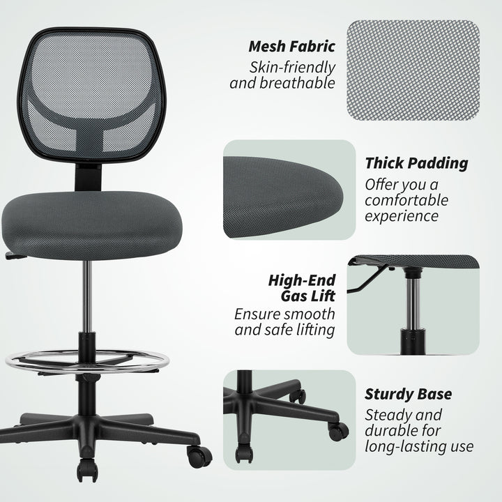 Ergonomic Mesh Standing Desk Chair with Adjustable Footrest Ring and Seat Height Charcoal Grey