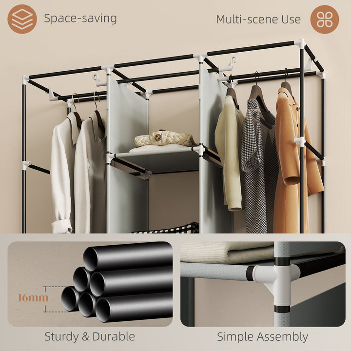 Fabric Wardrobe for Bedroom, Portable Wardrobe with 5 Shelves, 2 Hanging Rails and 3 Fabric Drawers, Foldable Closet, 125 x 43 x 162.5cm, Light Grey