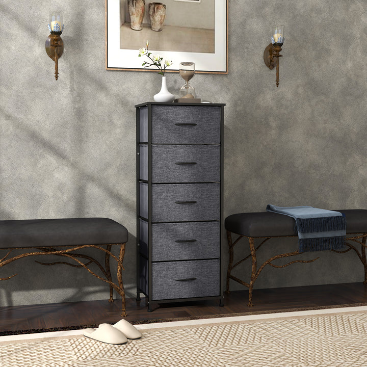 Fabric Chest of Drawers, Industrial Bedroom Dresser with 5 Fabric Drawers, Steel Frame and Wooden Top for Nursery, Living Room, Hallway, Dark Grey