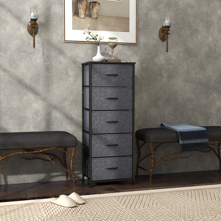 Fabric Chest of Drawers, Industrial Bedroom Dresser with 5 Fabric Drawers, Steel Frame and Wooden Top for Nursery, Living Room, Hallway, Dark Grey