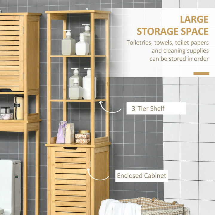 kleankin Bathroom Floor Cabinet with 3 Shelves and Cupboard, Slim and Freestanding Organiser, Tallboy with Storage, Natural | Aosom UK