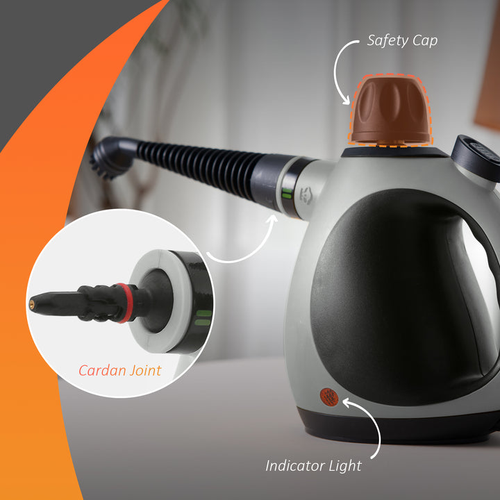 Handheld Steam Cleaner for Chemical Free Cleaning, Portable Multi-purpose Steamer with 9 Pieces Accessory for Kitchen, Bathroom, Window, Car Seat, Carpet, Sofa, 1050W, 350ML Tank, Grey