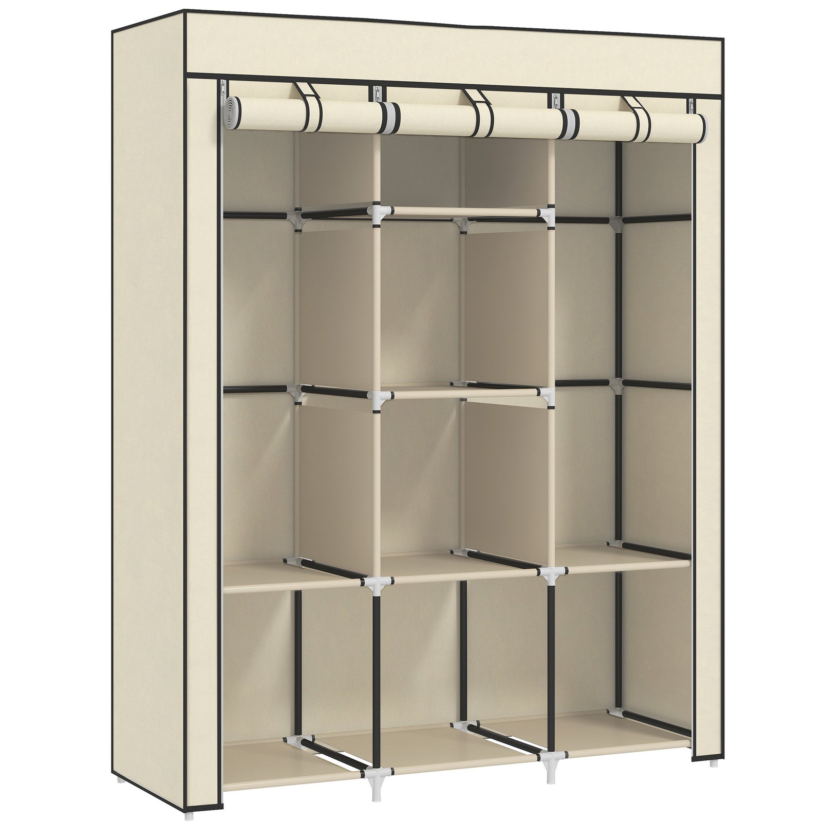 Fabric Wardrobe, with Rails and Shelves - Cream White