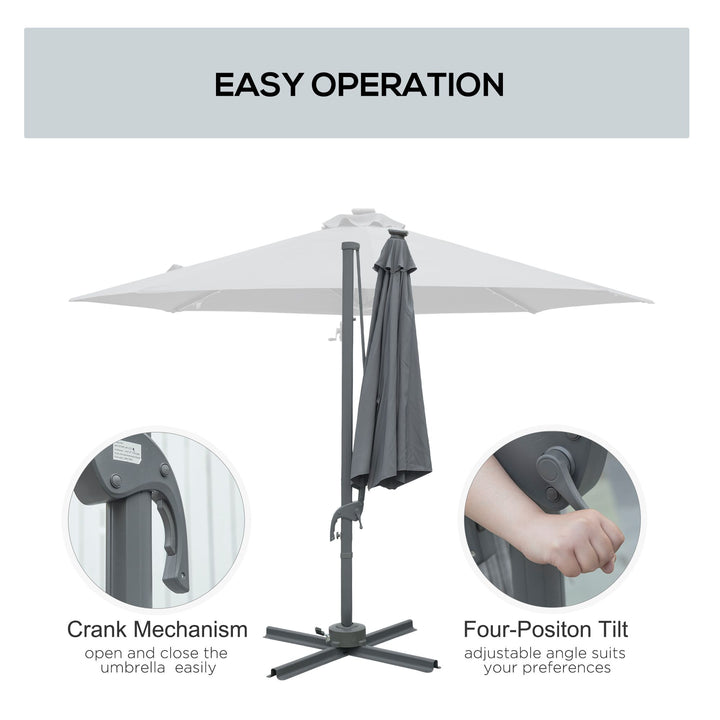 3(m) Cantilever Roma Parasol Patio Sun Umbrella with Crank & Tilt LED Solar Light Cross Base 360° Rotating Outdoor, Dark Grey