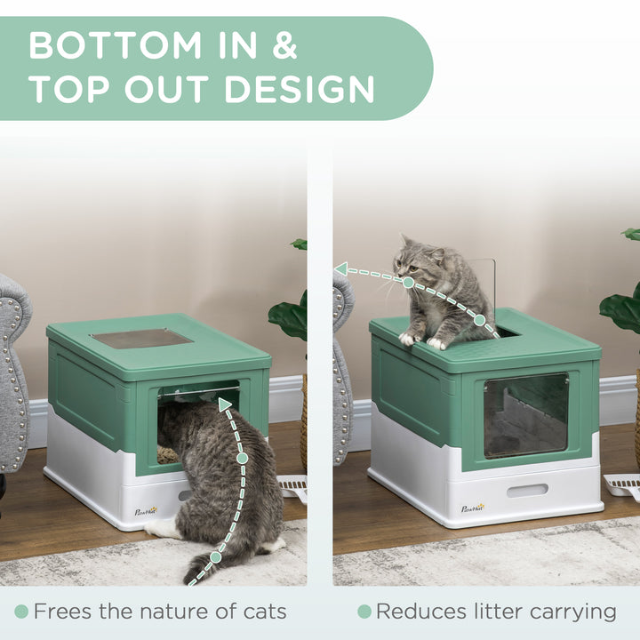 Hooded Cat Litter Box, Portable Pet Toilet, with Scoop, Front Entry - Green
