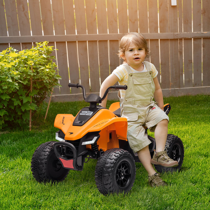 HOMCOM Mclaren Licensed 12V Quad Bike with Slow Start, Music, Headlights, MP3 Slot, Suspension Wheels, for 3-8 Years - Orange | Aosom UK