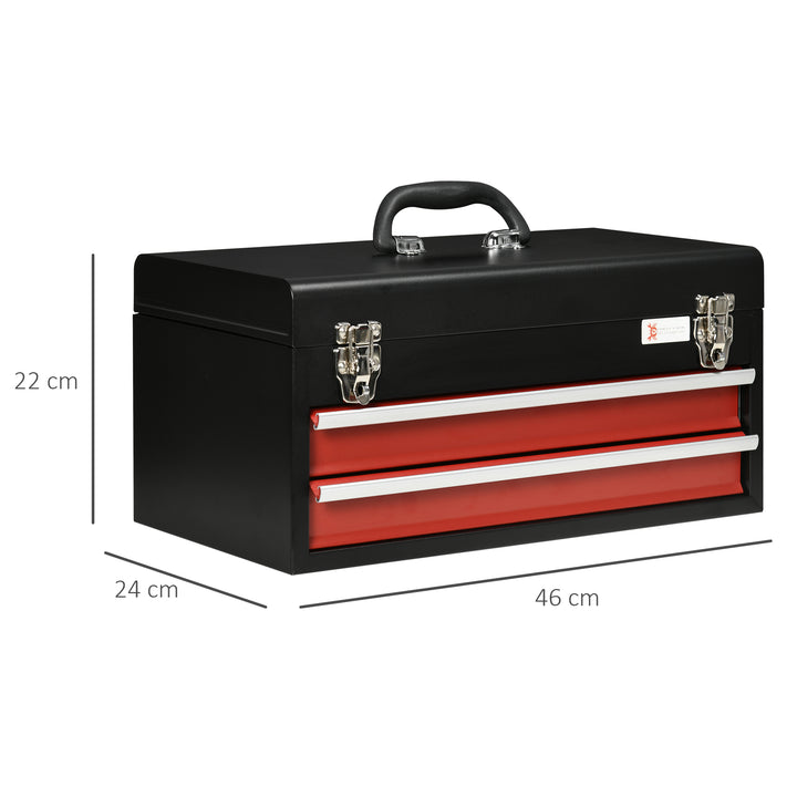2 Drawer Tool Chest, Lockable Metal Tool Box with Ball Bearing Runners, Portable Toolbox, 460mm x 240mm x 220mm, Black