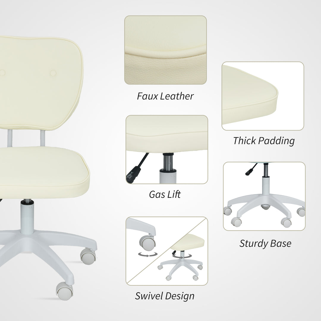Vanity Office Chair, PU Leather Computer Chair for Home, with Adjustable Height, Armless, Swivel Wheels, Cream